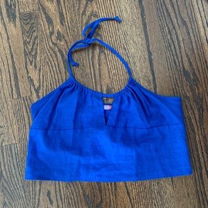 Blue open back shirt